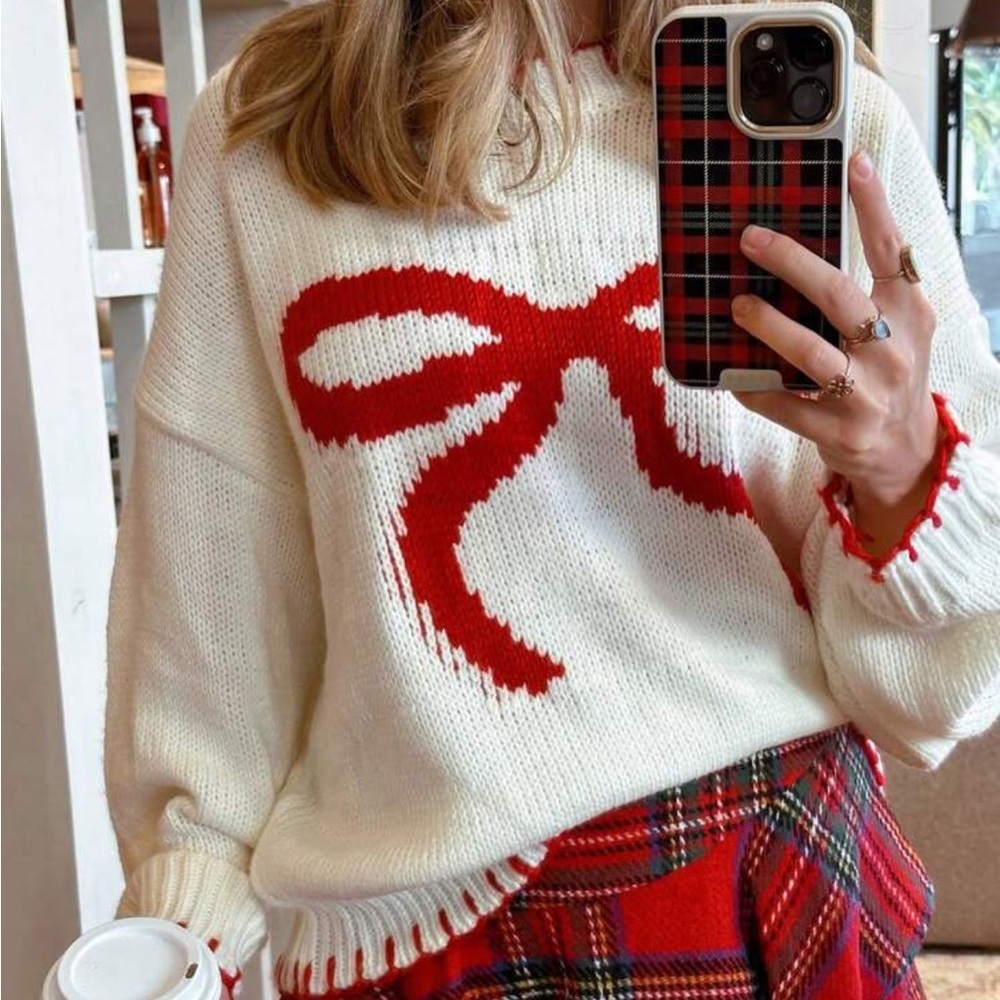 White and Red Bow Sweater